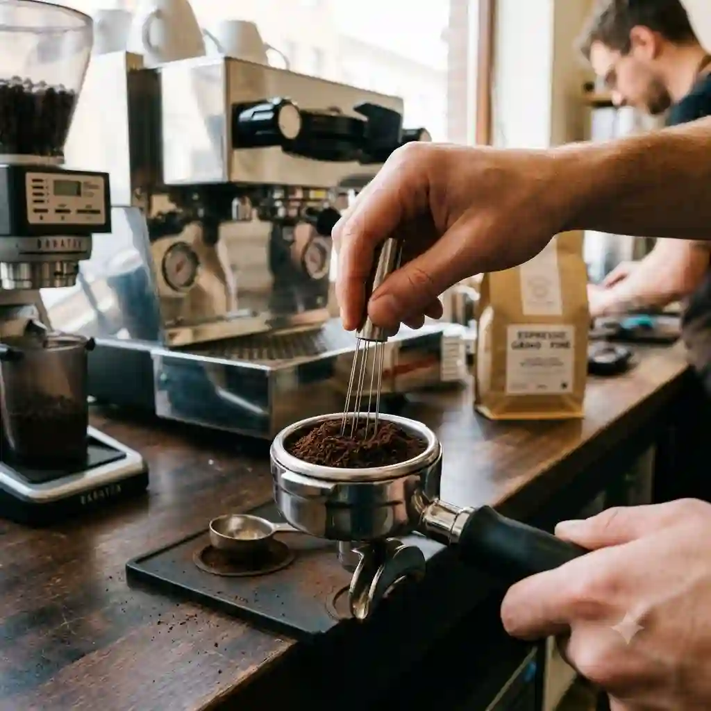 Finely ground coffee for espresso machine being leveled inside a stainless steel portafilter.