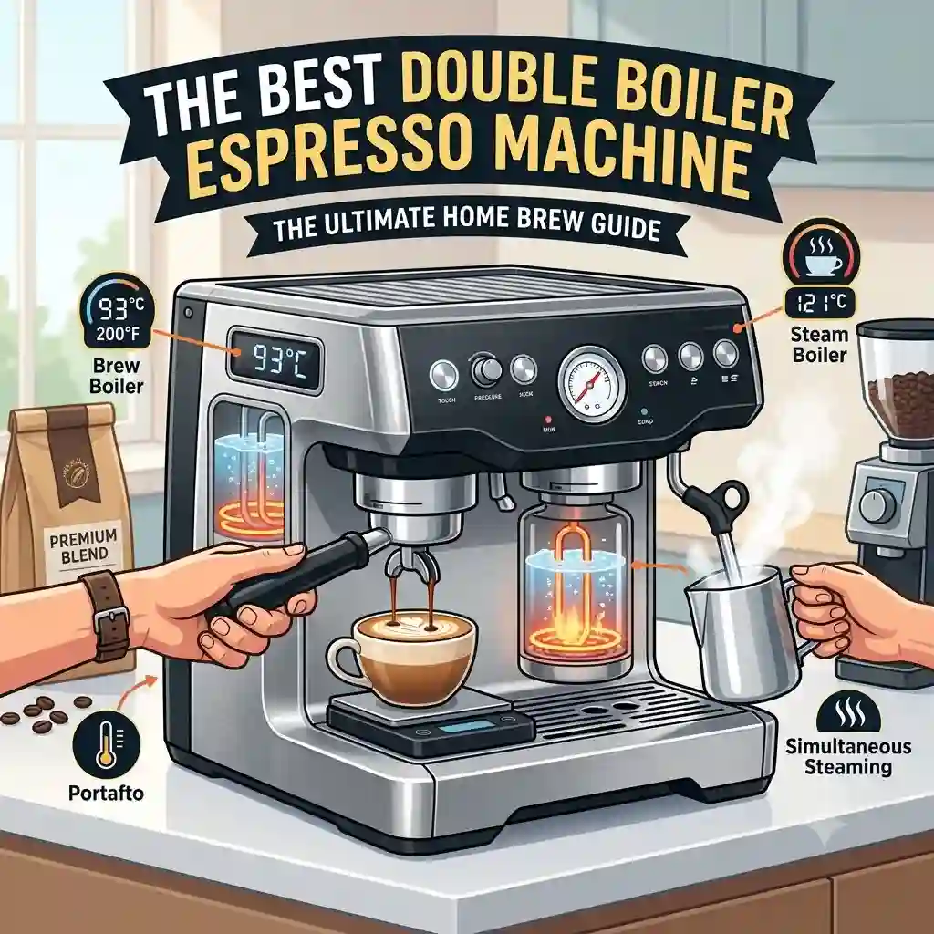 A premium chrome dual boiler espresso machine actively brewing espresso into a white cup and steaming milk, demonstrating the features of the best double boiler espresso machine for home use.