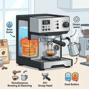 A detailed technical illustration diagram showing the internal mechanics, separate boilers, and water flow paths of the best double boiler espresso machine.