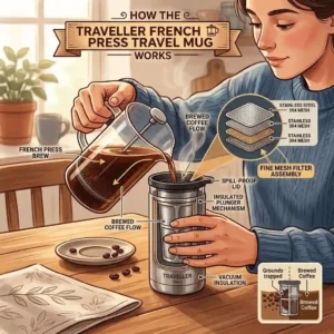 A detailed cross-section diagram showing the inner mechanism, double-wall insulation, and plunger mesh filter of a french press travel mug