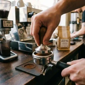 A barista uses a professional metal tamper to press ground coffee for espresso machine evenly into a filter basket.