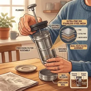 Close-up illustration of a fine mesh stainless steel filter screen and plunger assembly of a french press travel mug to prevent coffee grounds