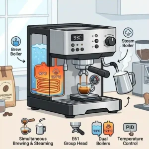 An illustration of a barista successfully pulling an espresso shot while simultaneously frothing milk in a pitcher using the powerful steam wand of the best double boiler espresso machine.