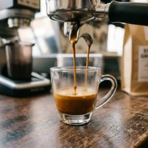 Rich, amber-colored espresso with crema extracting from a portafilter using fine ground coffee for espresso machine.