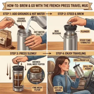 A step-by-step graphic illustration showing how to add coffee grounds, pour hot water, and press the plunger in a french press travel mug