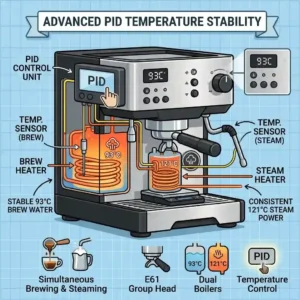A graphic showing a detailed view of the digital PID temperature control display and interface on the best double boiler espresso machine for precise temperature stability.