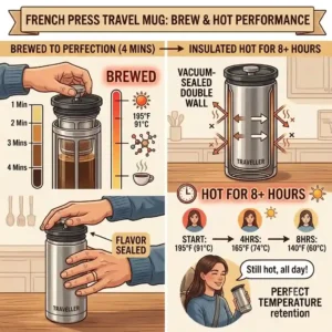 An infographic showing temperature retention with a french press travel mug keeping coffee hot for up to eight hours