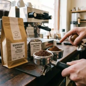 A sealed bag of premium dark roast pre-ground coffee for espresso machine sitting next to whole coffee beans.