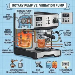 A side-by-side technical illustration comparing a large, commercial rotary pump with a smaller vibration pump within the chassis of the best double boiler espresso machine.