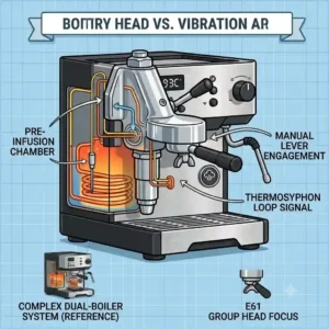 An artistic graphic focusing on the classic E61 group head and manual lever that defines the extraction quality of the best double boiler espresso machine.