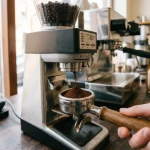 An electric burr grinder active and dispensing fresh ground coffee for espresso machine directly into a filter.