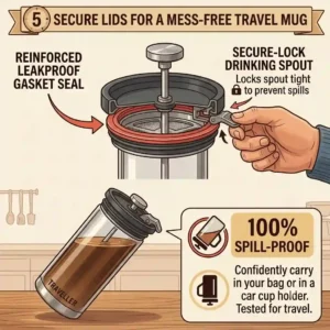 An illustration highlighting the leakproof seal and spill-proof lock mechanism on the lid of a travel-ready french press travel mug
