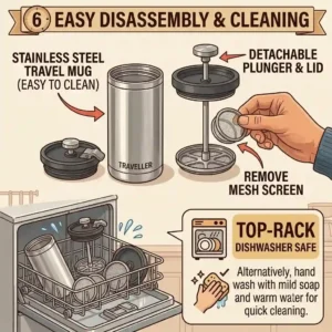 An easy-to-follow illustration showing how to disassemble and wash the plunger, mesh screen, and cup of a french press travel mug