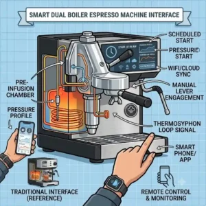 An illustration of a modern barista using a smart app on a phone to remotely monitor and adjust the extraction parameters of the best double boiler espresso machine.