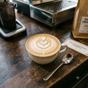A finished cappuccino with detailed latte art on top, brewed from quality ground coffee for espresso machine.