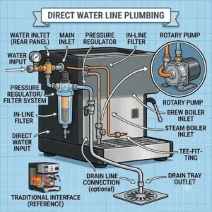 A schematic diagram showing the external water filter, pressure regulator, and braided steel water line connections needed to plumb in the best double boiler espresso machine directly.