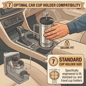 An illustration of a sleek french press travel mug fitting perfectly inside a standard car cup holder during a morning commute